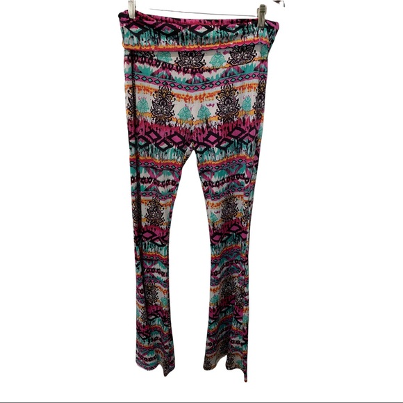 LUCY LOVE ROLL DOWN SUPER FLARE SOFT STRETCHY COLORFUL PAISLEY PANTS SIZE LARGE - Picture 11 of 15
